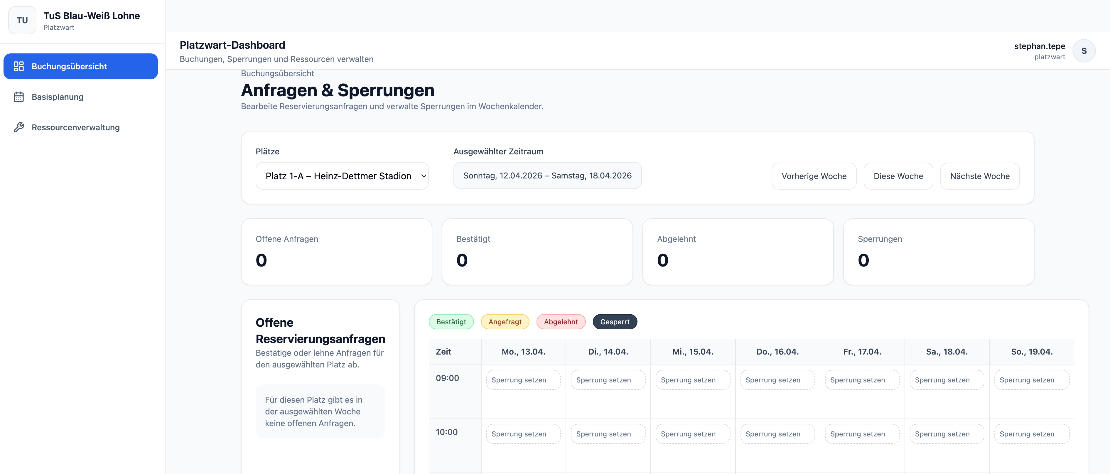 PlatzPilot Dashboard – Platzwart-Übersicht
